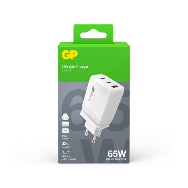 GP 65W GaN Charger 3-ports USB-C & USB-A and 3 international adapters