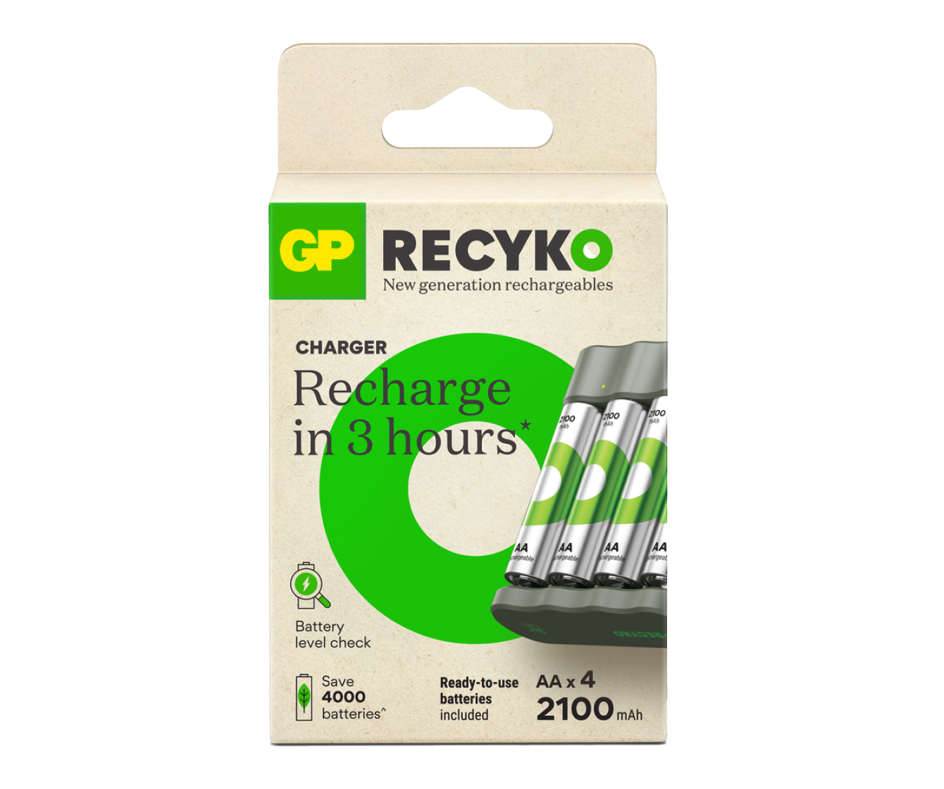 GP Recyko B441 USB Charger with 4 AA Rechargeable Batteries 2100 mAh