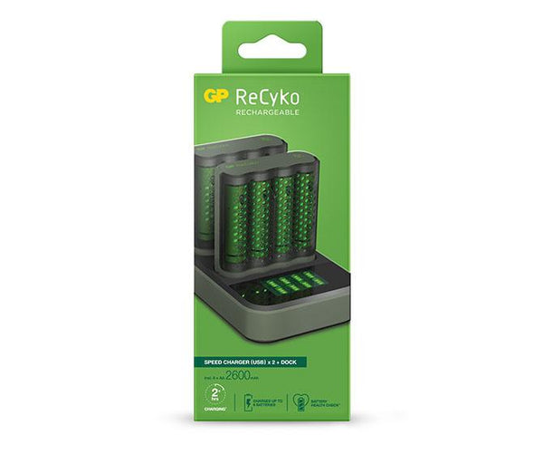 GP ReCyko Speed Charger Dock (USB) D851 and 2 x Speed Charger (USB) M451 with 8 x AA 2600mAh NiMH Batteries